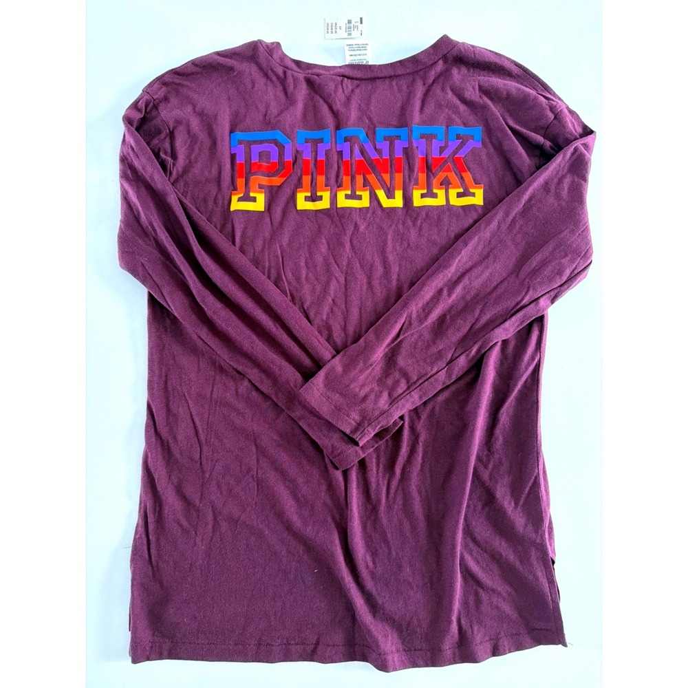 PINK Victoria's Secret Burgundy V-Neck Long Sleeve Rainbow Graphic Top Small NWT